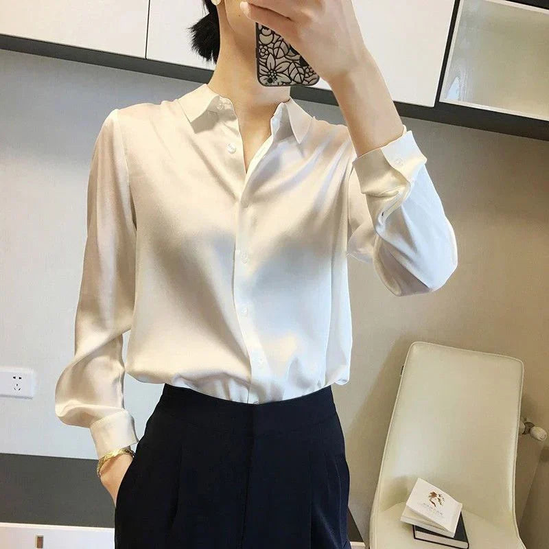 Kaia – Camicia Elegante Donna in Raso a Maniche Lunghe Bianco
