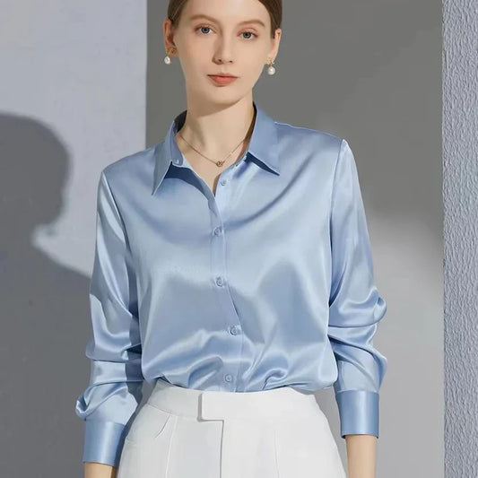 Kaia – Camicia Elegante Donna in Raso a Maniche Lunghe Blu