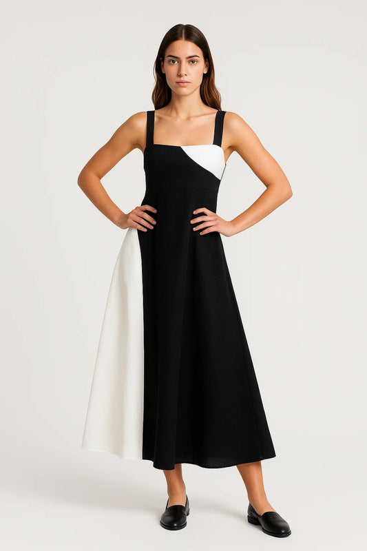 Kalina – Abito Midi Bicolore con Scollo Dritto Elegante Nero e Bianco