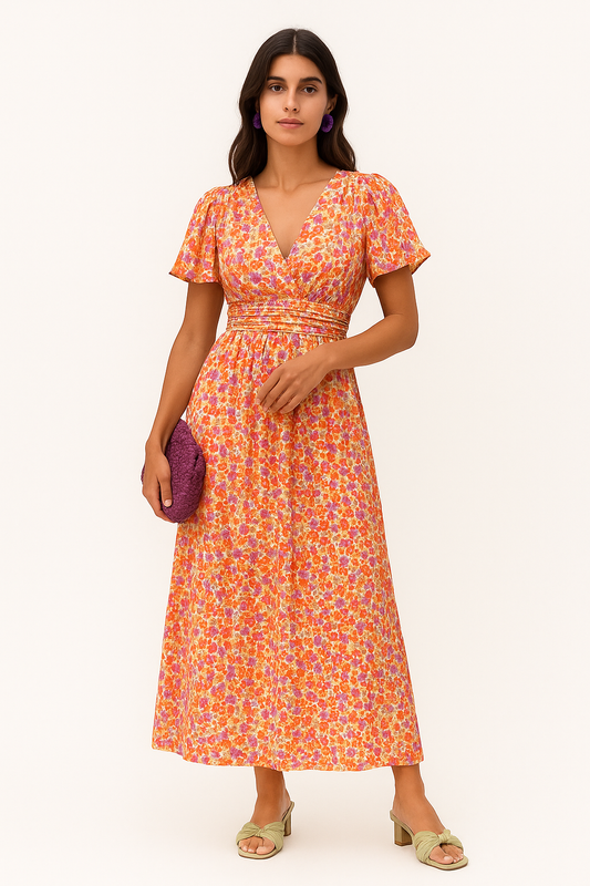 Karina – Abito Maxi Donna con Stampa Floreale e Scollo a V Arancione