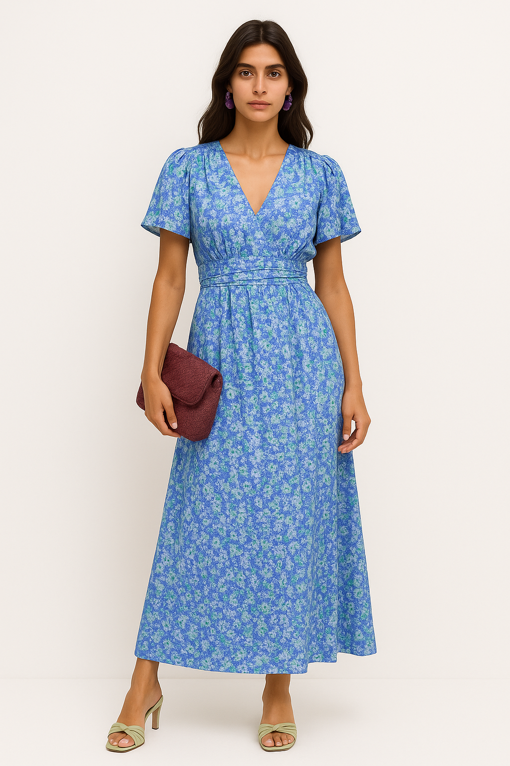 Karina – Abito Maxi Donna con Stampa Floreale e Scollo a V Blu