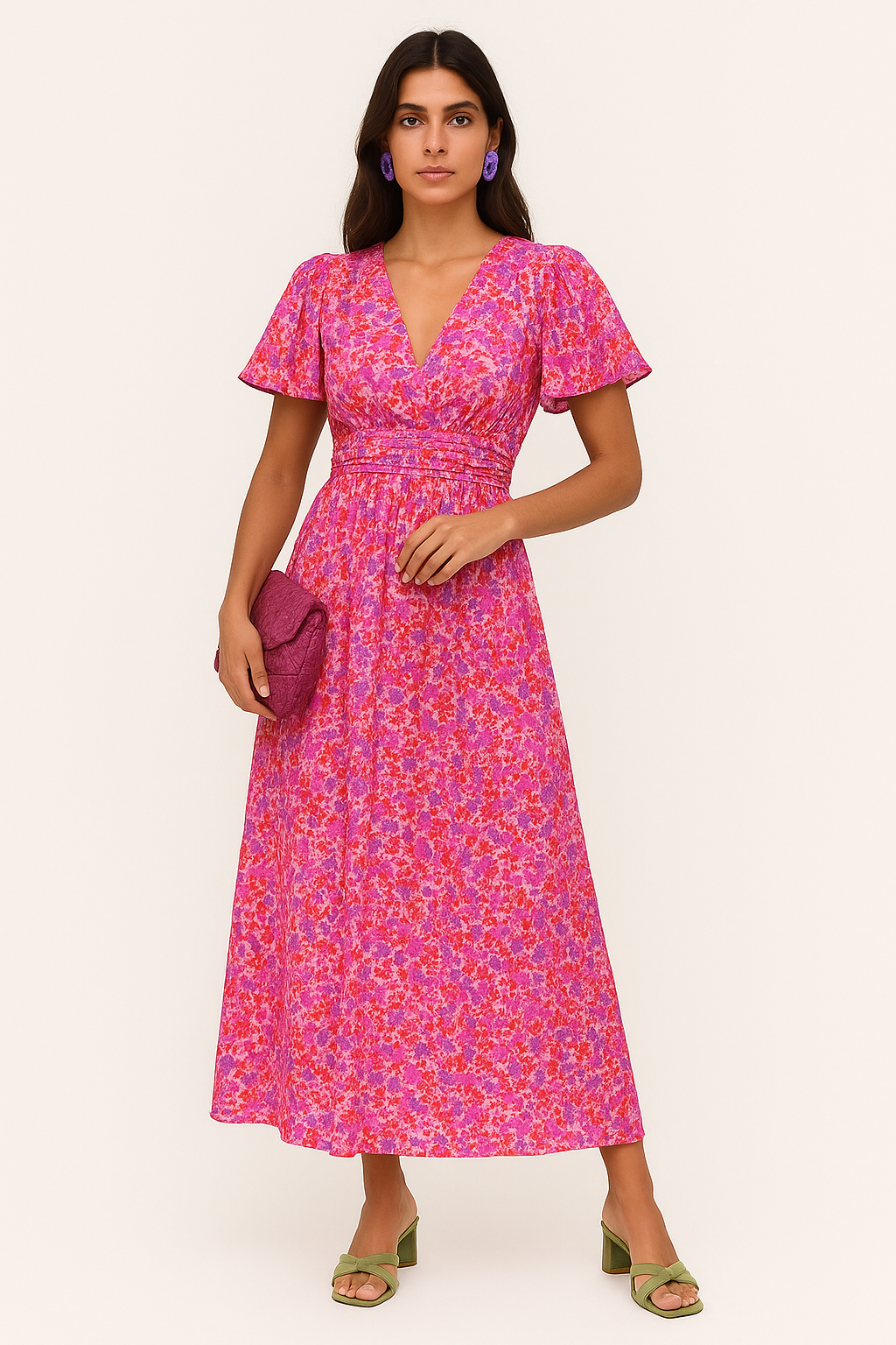 Karina – Abito Maxi Donna con Stampa Floreale e Scollo a V Rosa