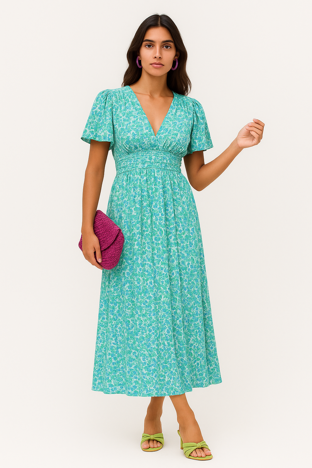 Karina – Abito Maxi Donna con Stampa Floreale e Scollo a V Verde
