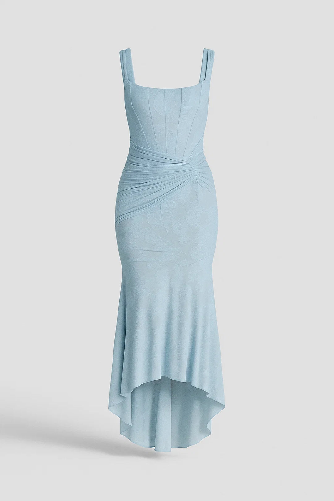 Katerina – Abito Asimmetrico Jacquard Floreale con Drappeggio Azzurro