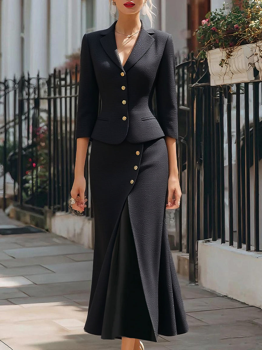 Katia - Elegantes Strukturiertes Blazer- & Midirock-Set mit Knöpfen Nero