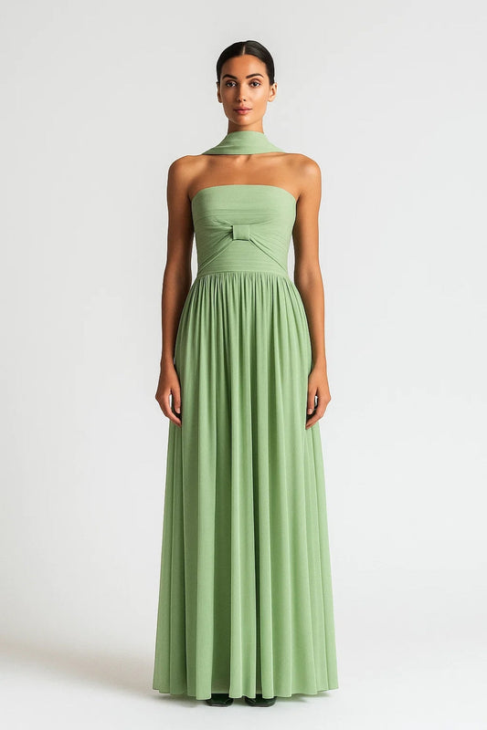 Katina – Abito Lungo da Cerimonia Senza Spalline con Sciarpa Verde Salvia