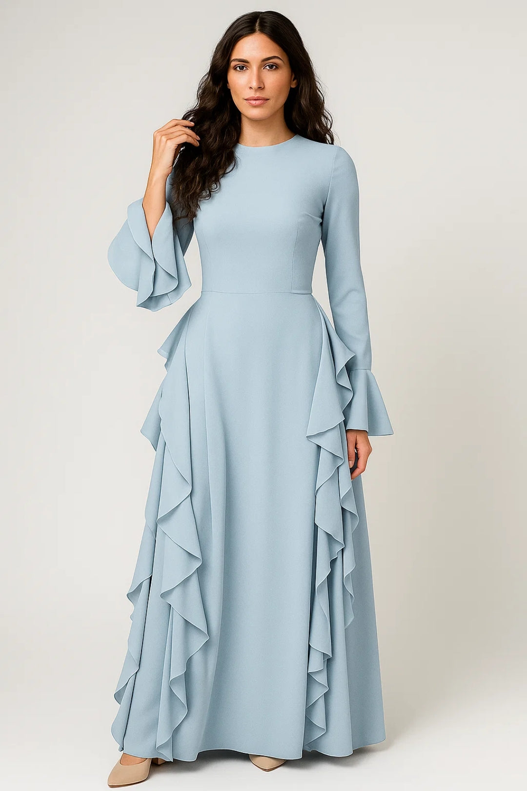 Katiuscia – Abito Lungo Elegante con Volant e Maniche Svasate Azzurro
