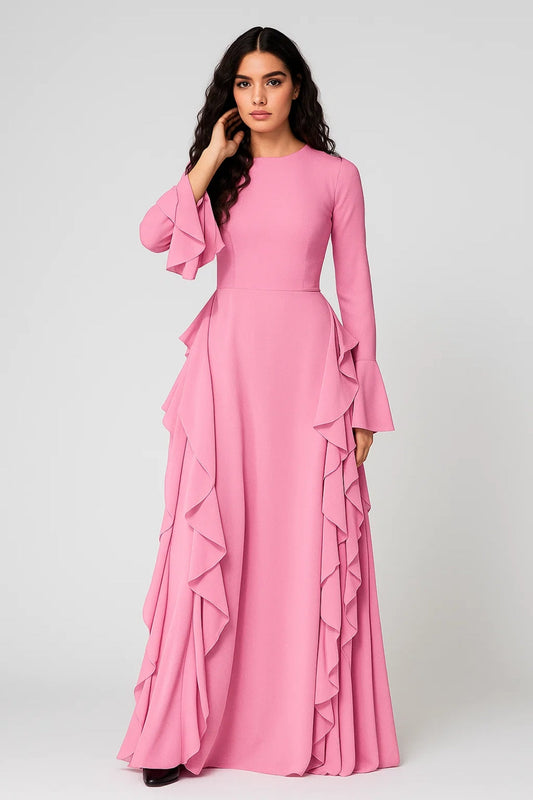 Katiuscia – Abito Lungo Elegante con Volant e Maniche Svasate Rosa