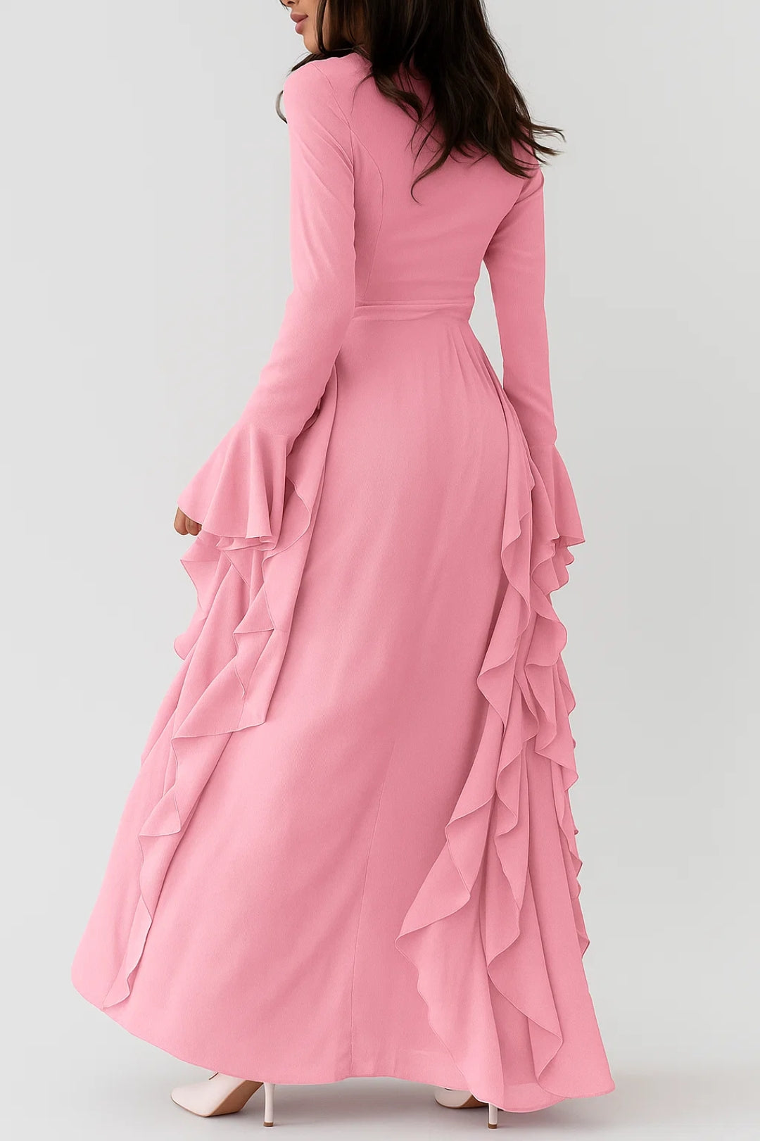 Katiuscia – Abito Lungo Elegante con Volant e Maniche Svasate Rosa