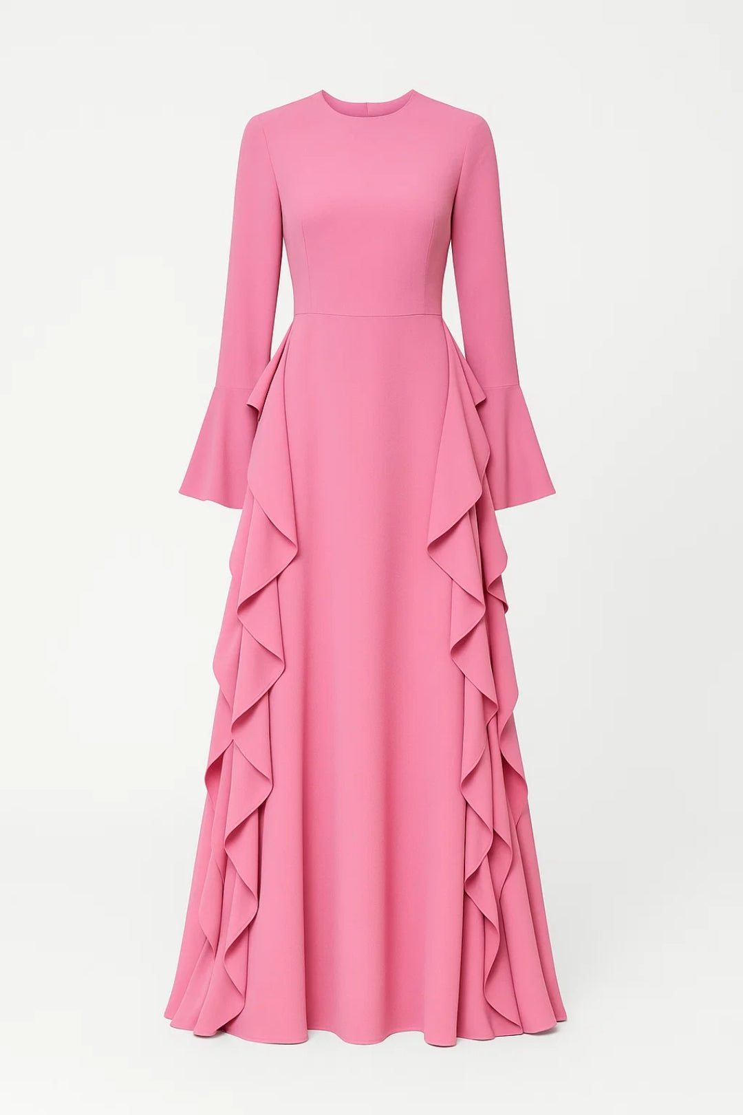 Katiuscia – Abito Lungo Elegante con Volant e Maniche Svasate Rosa