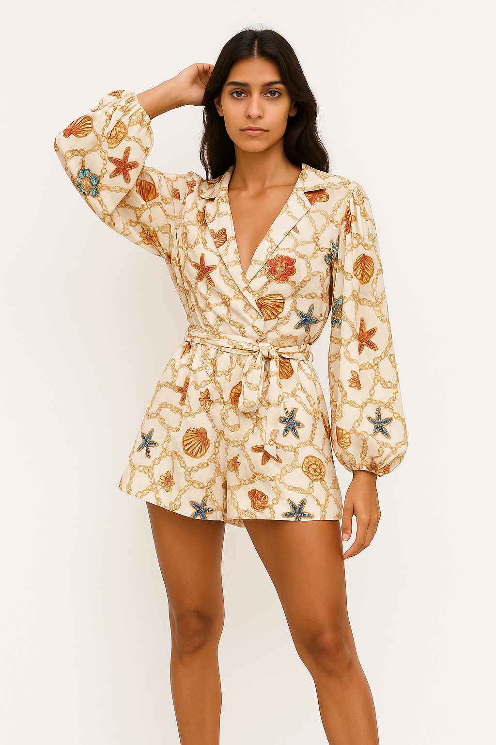 Kendra – Tuta Sexy con Scollo a V Profondo Elegante Cammello