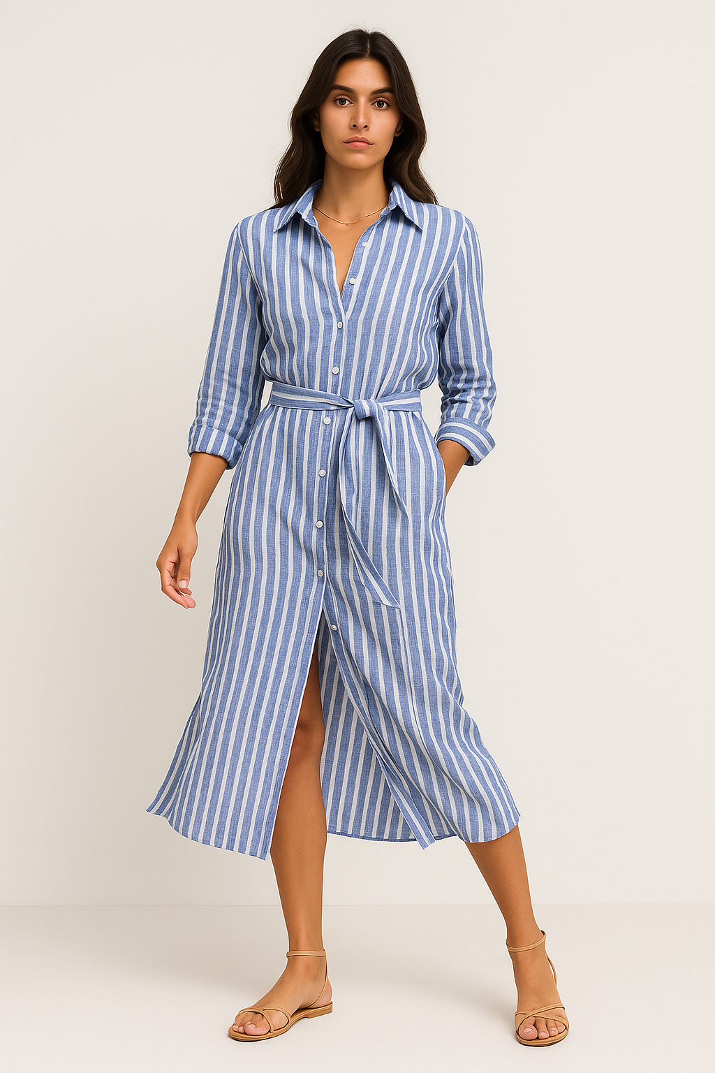 Ketty – Abito Elegante Donna a Strisce con Colletto Blu