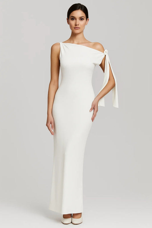 Kiara – Abito Lungo Monospalla con Fiocco Elegante Bianco