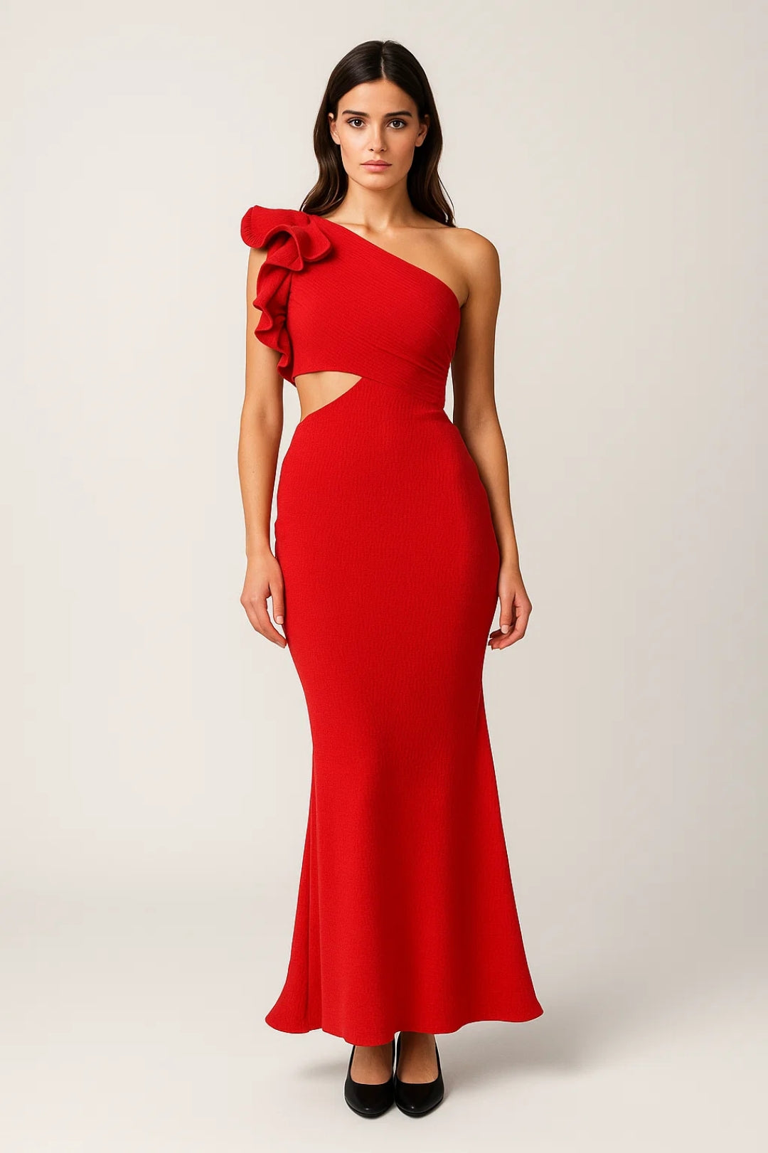 Klara – Abito Midi Monospalla con Volant Elegante Rosso