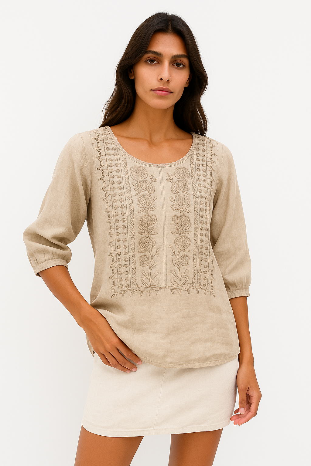 Laura - Donna Camicetta Cotone Leggero, Ricamo Elegante Beige