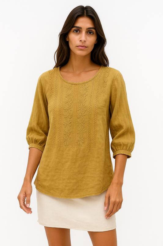 Laura - Donna Camicetta Cotone Leggero, Ricamo Elegante Giallo