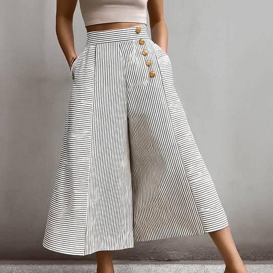 Leonora - Pantaloni Donna a Gamba Larga a Vita Alta a Righe Bianco