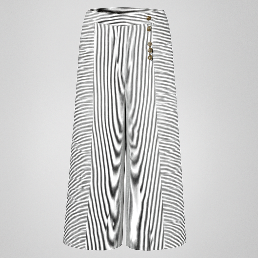 Leonora - Pantaloni Donna a Gamba Larga a Vita Alta a Righe Bianco