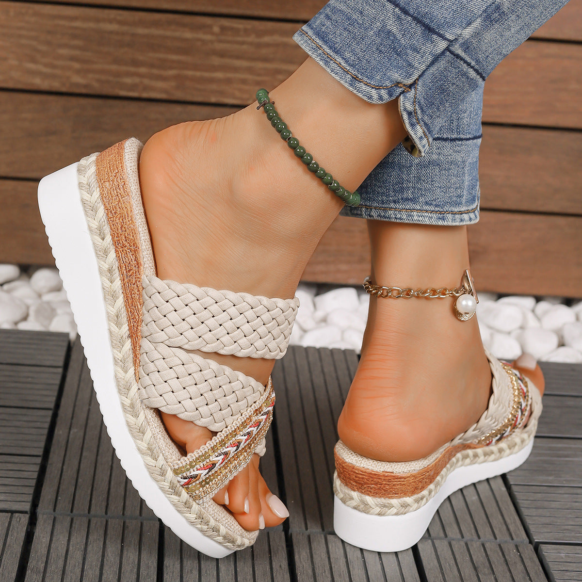 Liana - Pantofole da donna con corda di canapa e suola spessa estiva Beige