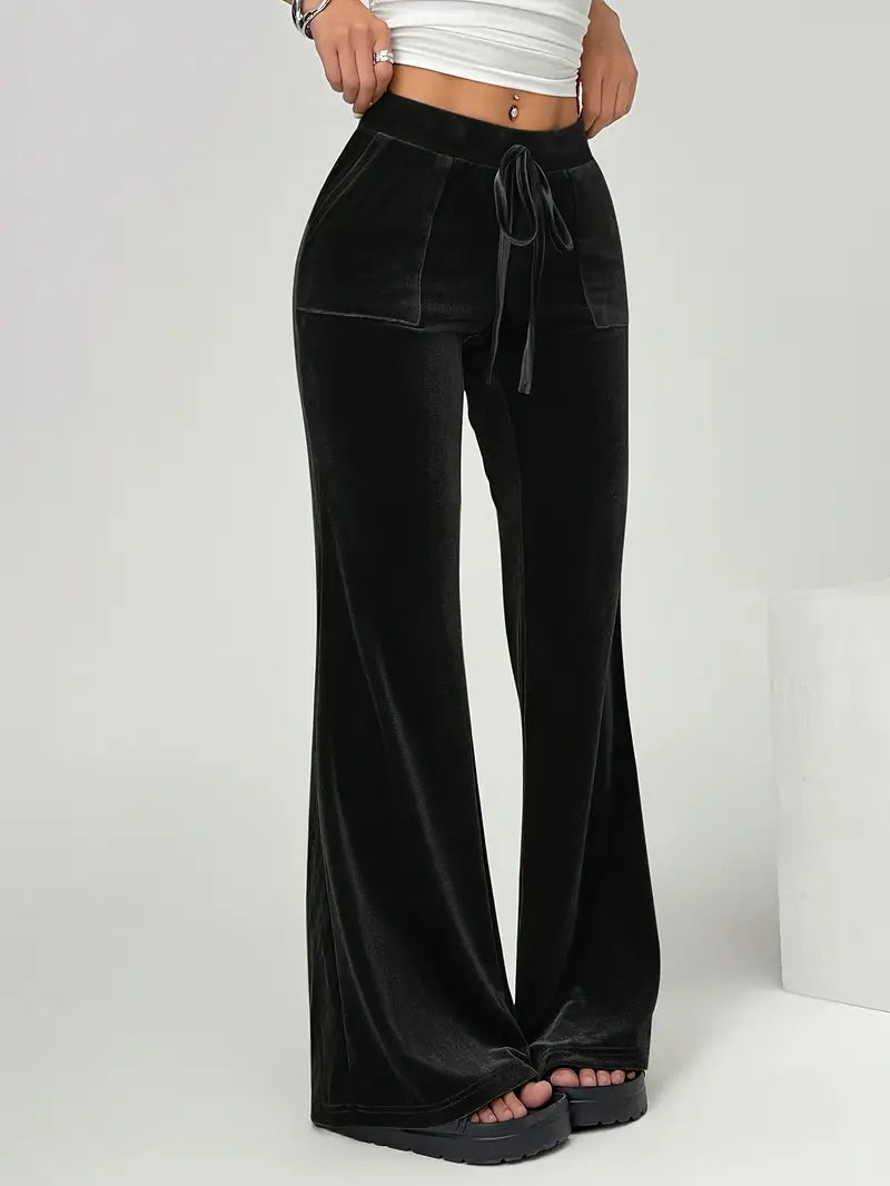 Licia - Pantaloni Donna Svasati in Velluto Elegante Nero