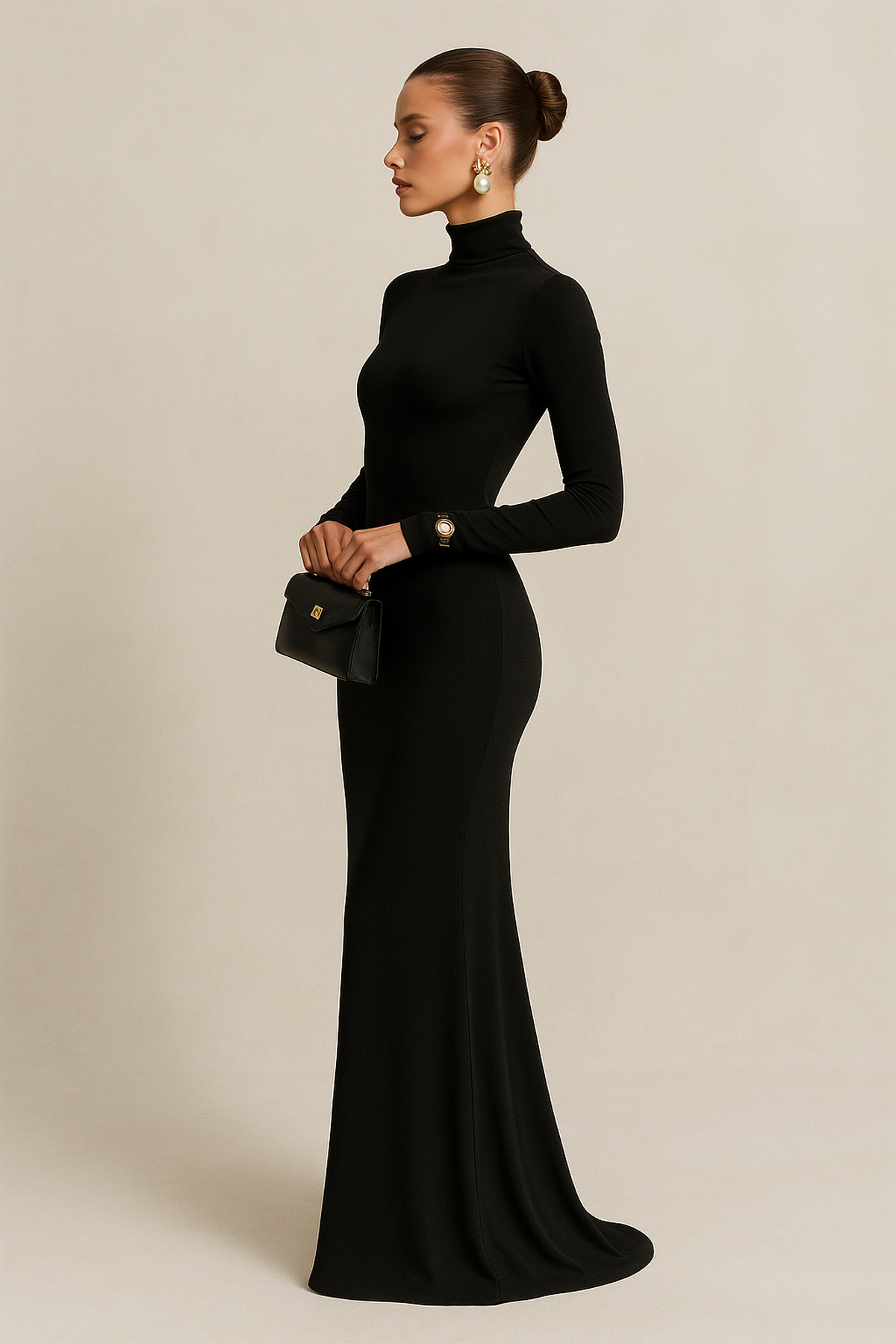 Rosinda - Abito Maxi Collo Alto Maniche Lunghe Stretch