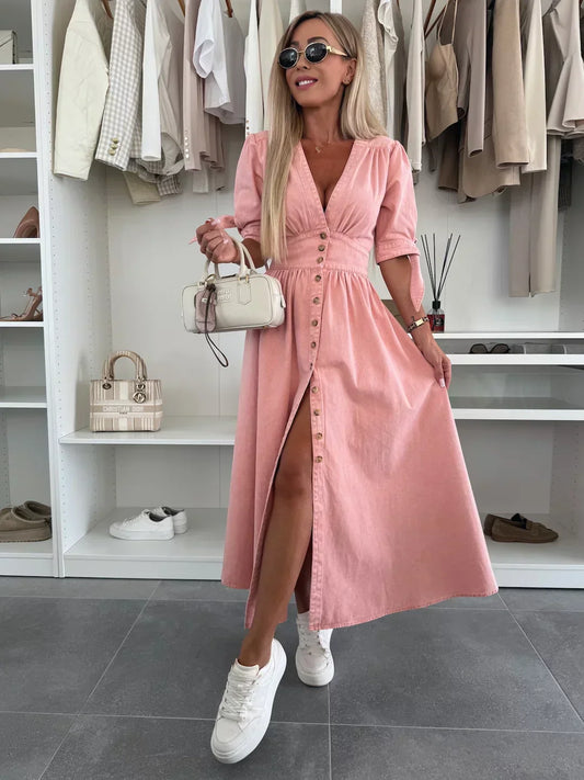 Lorenza - Abito Donna Denim Elegante Maniche a Nodo Rosa