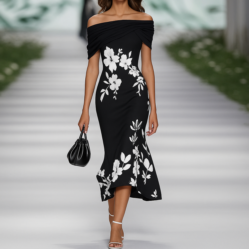 Luminosa - Abito Donna Floreale Drappeggiato con Spalle Scoperte Nero