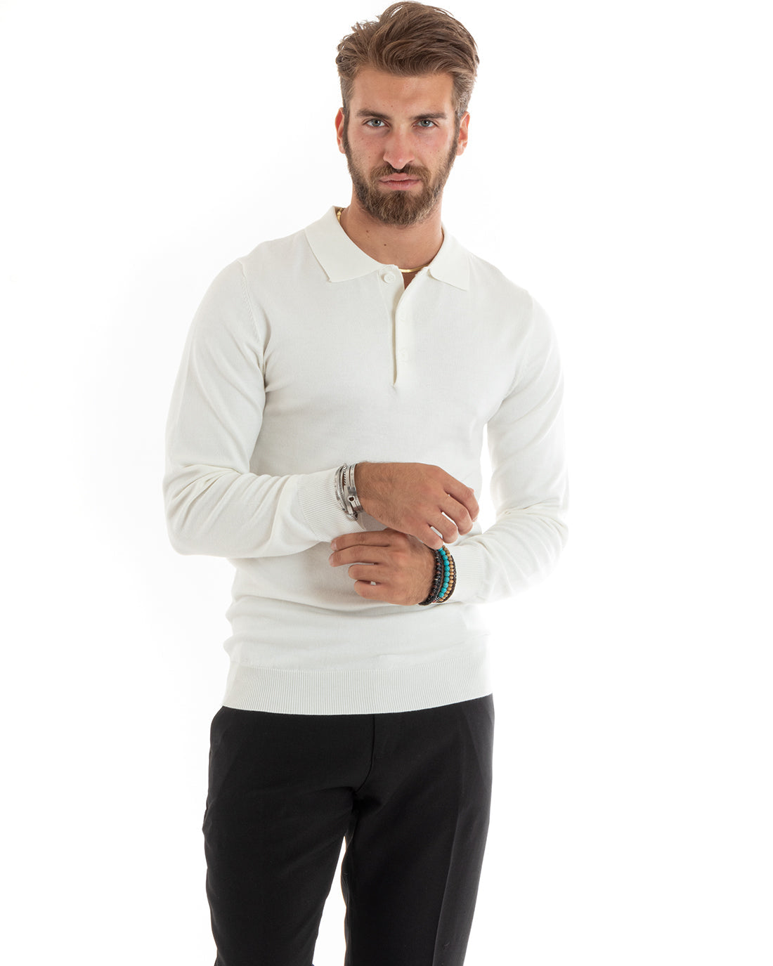 Kornel - Maglioncino Uomo Colletto Polo Bianco Casual