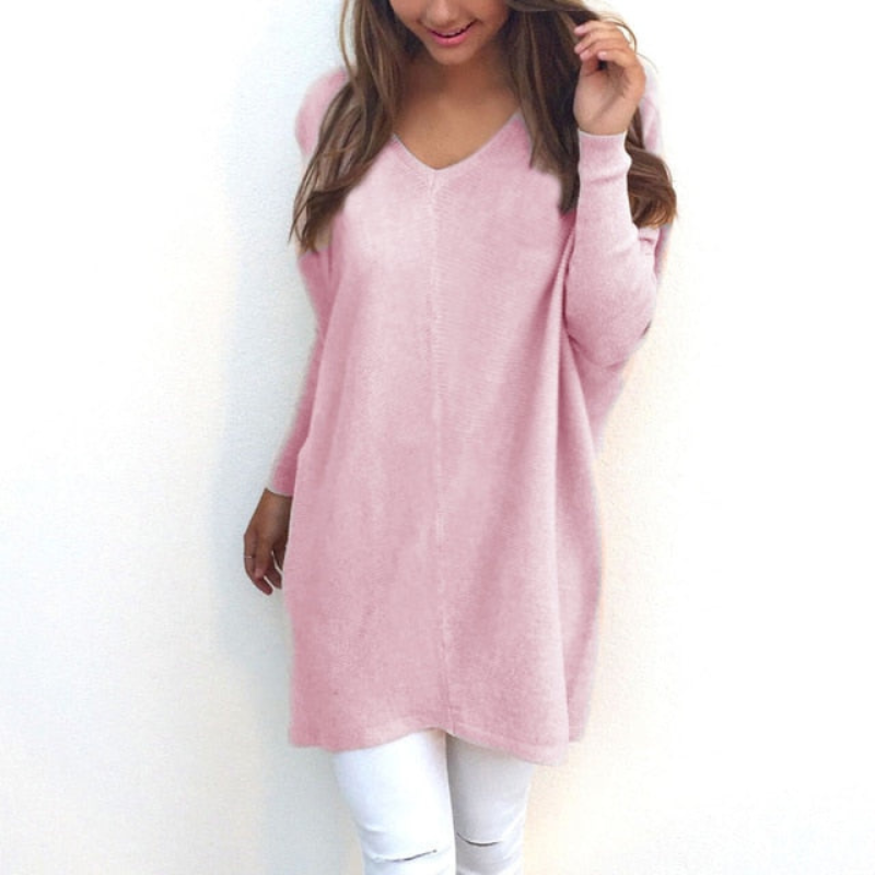 Amelia - Maglione lungo da donna con scollo a V, elegante e versatile