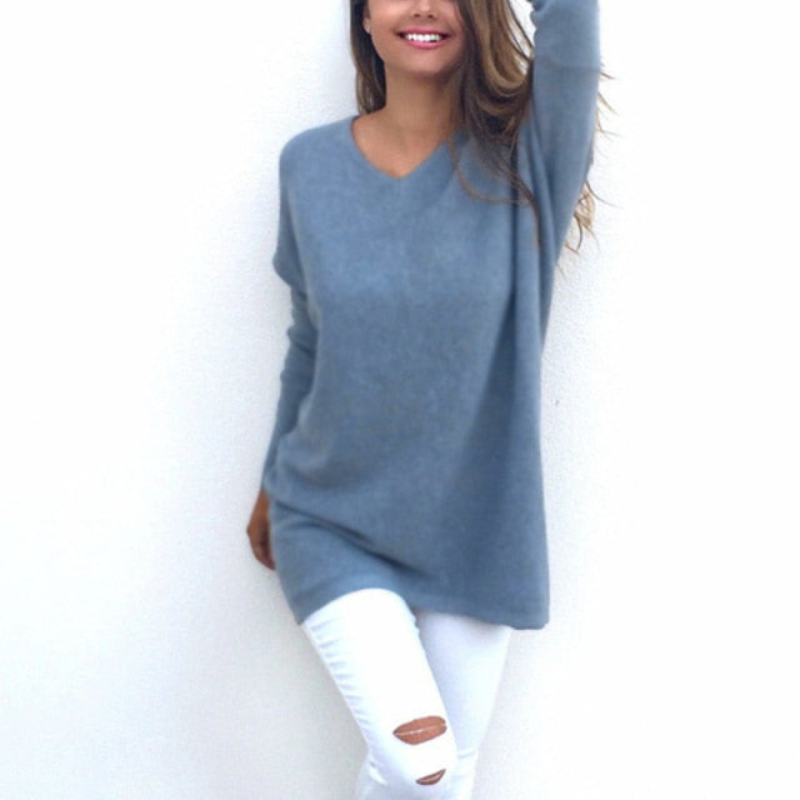 Amelia - Maglione lungo da donna con scollo a V, elegante e versatile