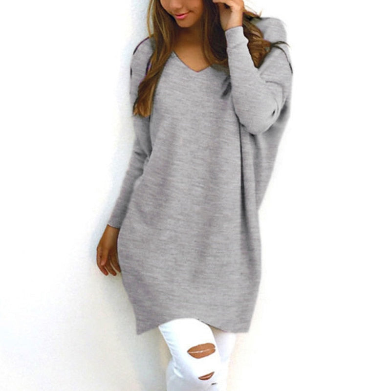Amelia - Maglione lungo da donna con scollo a V, elegante e versatile