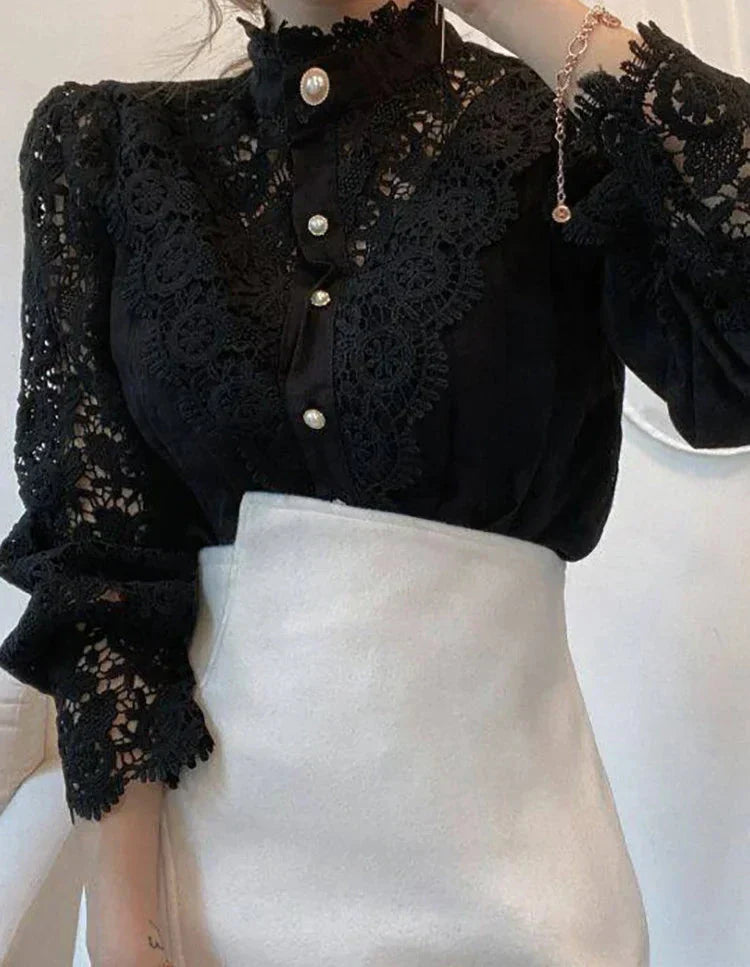 Margherita – Camicia Estiva Elegante a Collo Alto dal Design Classico Nero