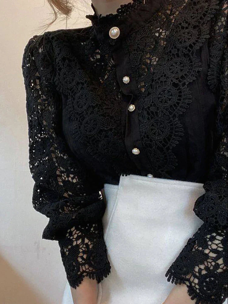 Margherita – Camicia Estiva Elegante a Collo Alto dal Design Classico Nero