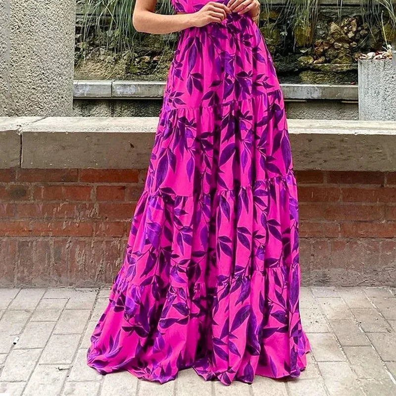 Mariagiulia – Abito Maxi Donna A-Linea con Stampa Foglie Viola