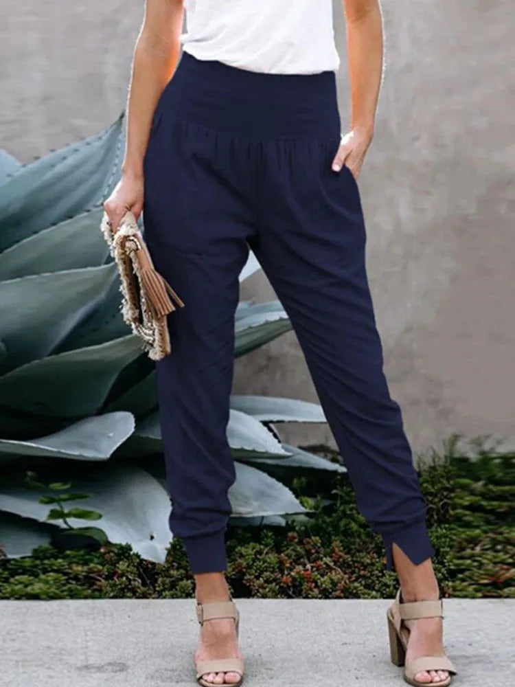 Marta – Pantaloni Jogger Donna a Vita Alta con Fascia Elastica Blu scuro
