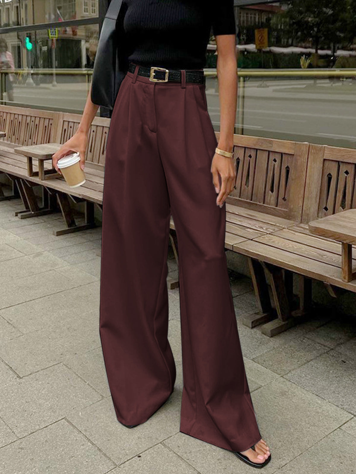 Martina – Pantaloni Larghi Eleganti Donna a Gamba Ampia Borgogna