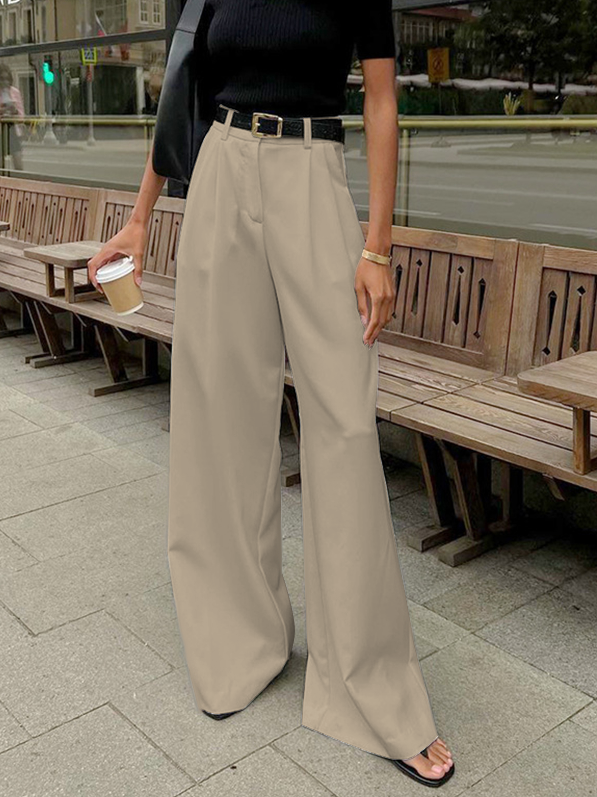 Martina – Pantaloni Larghi Eleganti Donna a Gamba Ampia Khaki