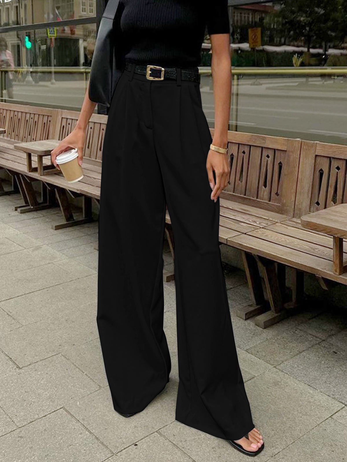 Martina – Pantaloni Larghi Eleganti Donna a Gamba Ampia Nero