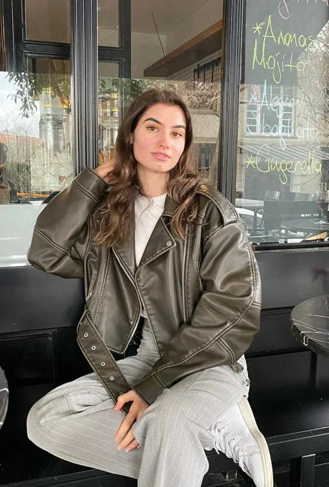 Melissa - Giacca Biker Oversize Ecopelle Stile Rock-Chic Verde