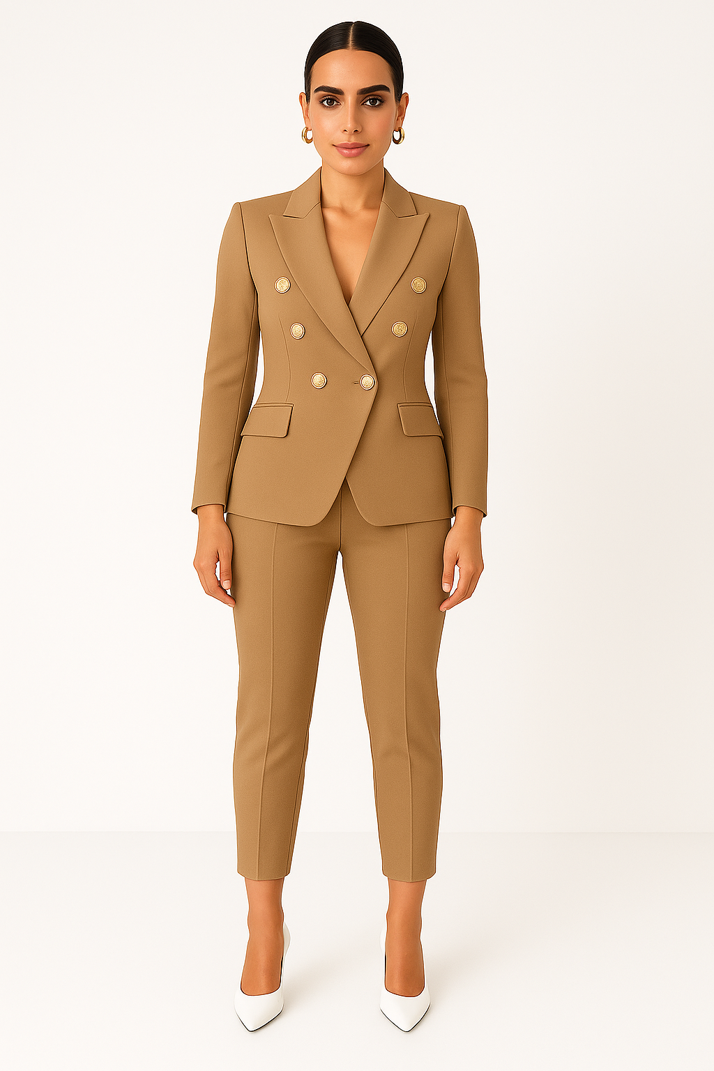 Michela - Tailleur Pantalone Donna Doppiopetto Elegante e Moderno Marrone Chiaro