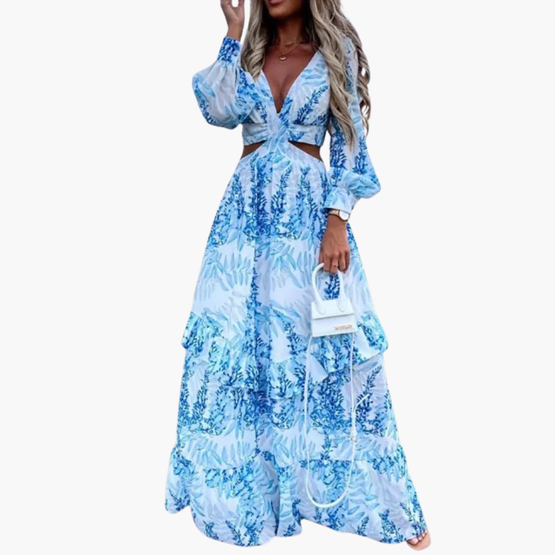 Micol – Abito Maxi Donna con Scollo a V e Dettagli Cut-Out Blu