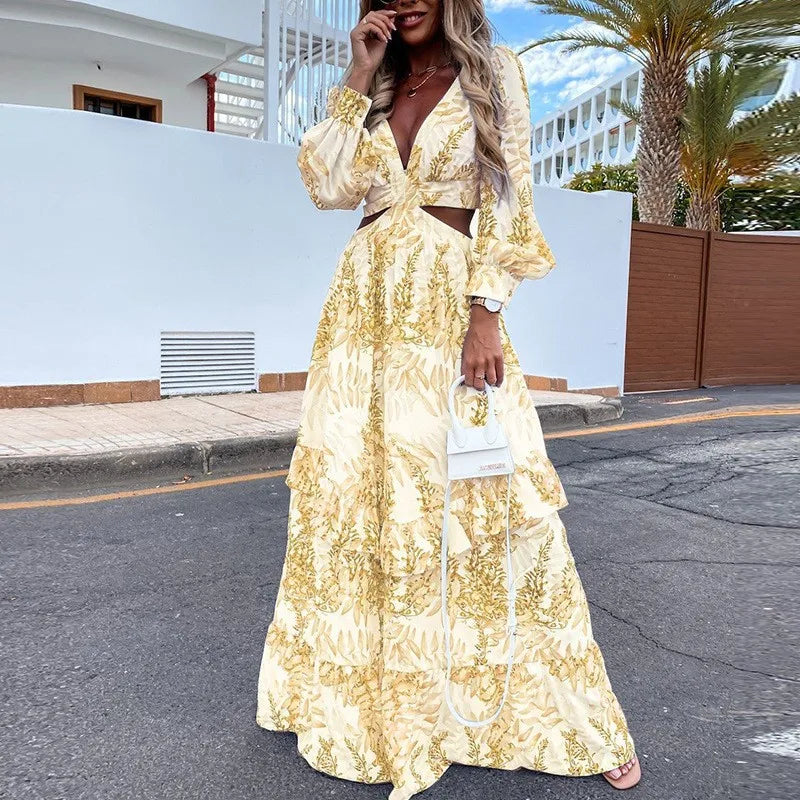 Micol – Abito Maxi Donna con Scollo a V e Dettagli Cut-Out Giallo