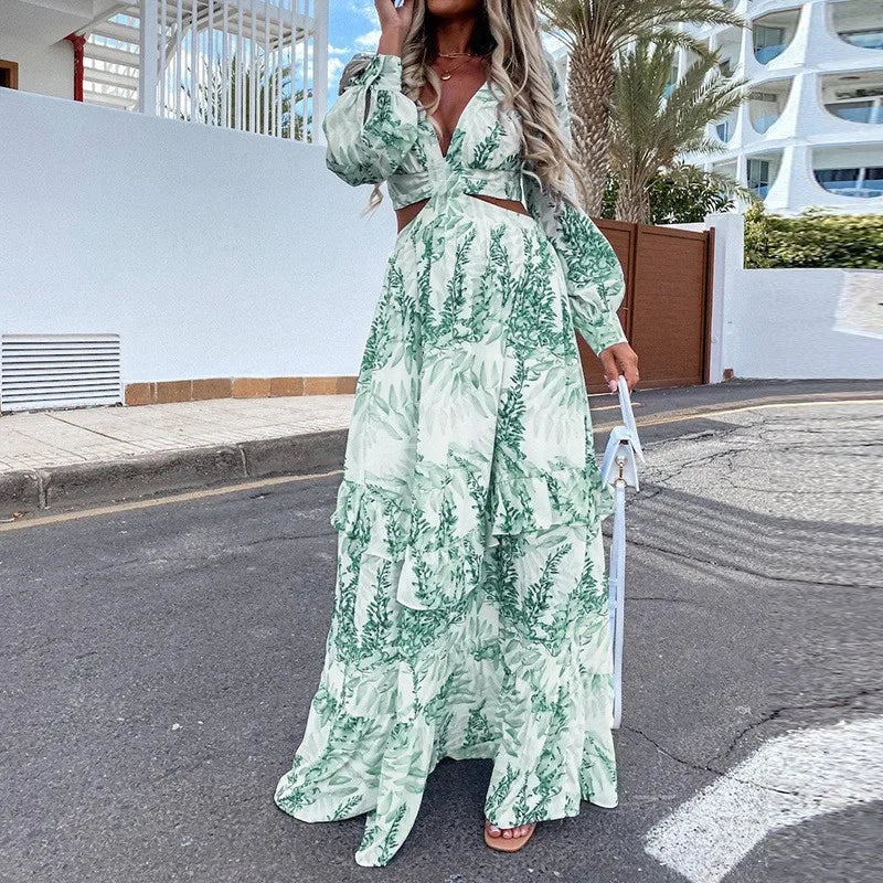 Micol – Abito Maxi Donna con Scollo a V e Dettagli Cut-Out Verde