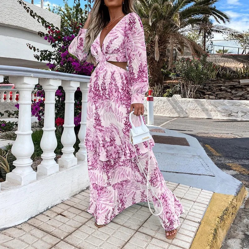 Micol – Abito Maxi Donna con Scollo a V e Dettagli Cut-Out Viola