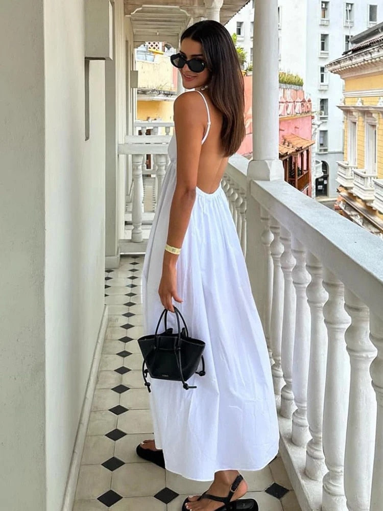 Milena – Abito Lungo Bianco Elegante con Schiena Scoperta Bianco