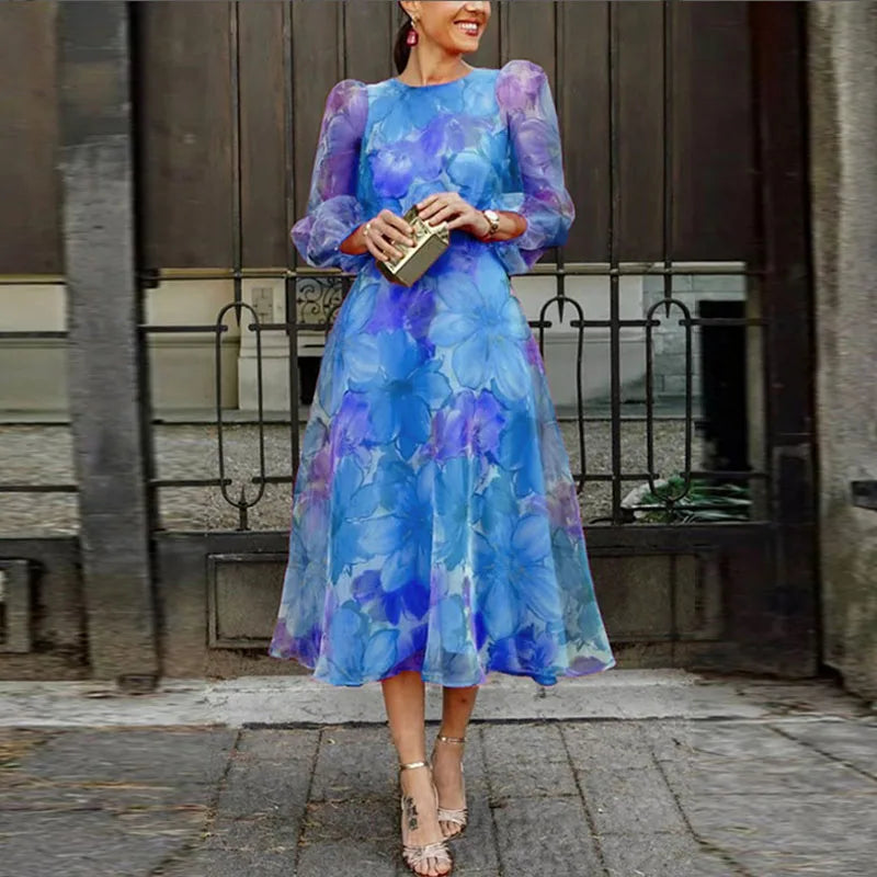 Mirta – Abito Elegante Donna con Motivo Floreale Romantico Blu
