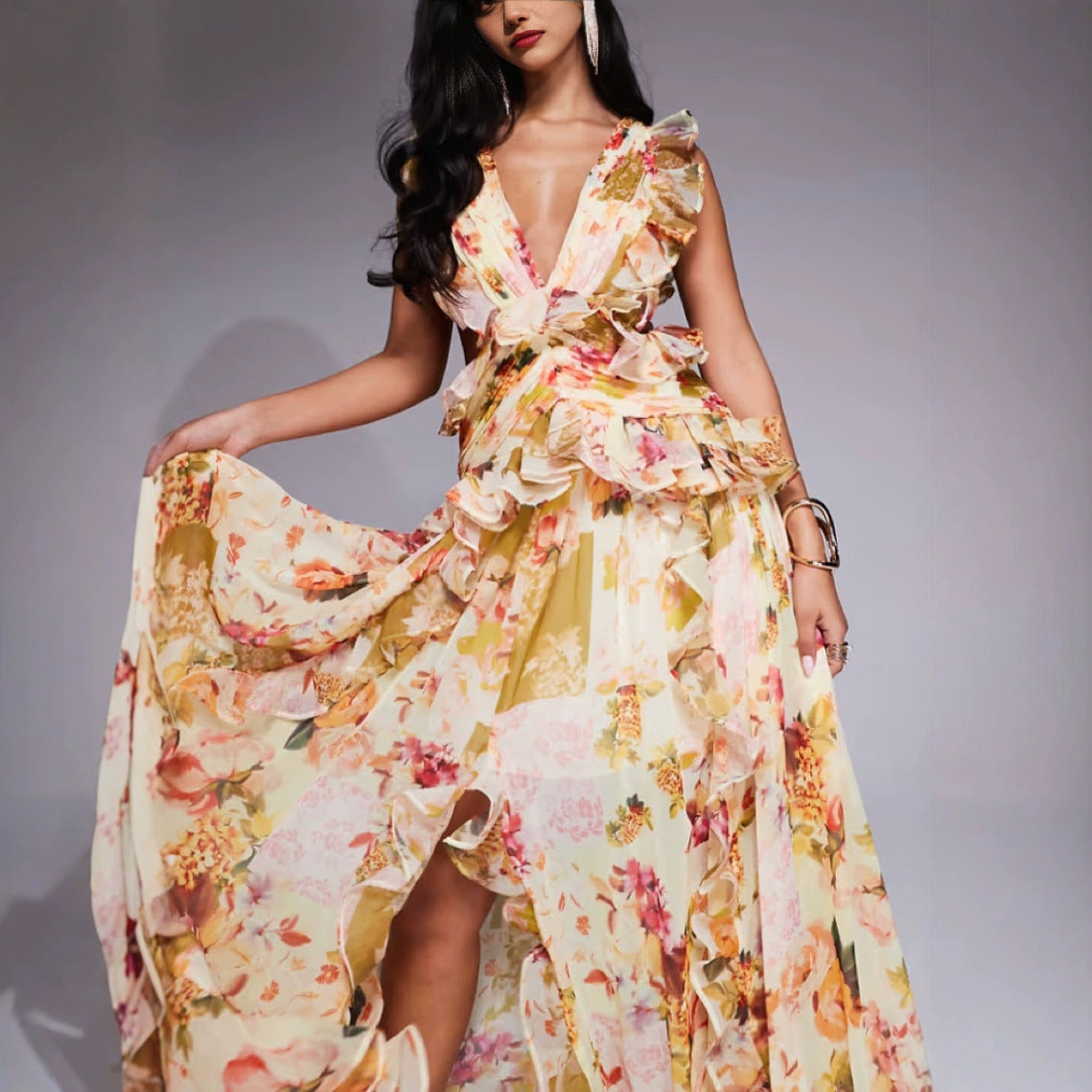 Melita – Abito Maxi da Cerimonia con Scollo a V Arricciato Floreale