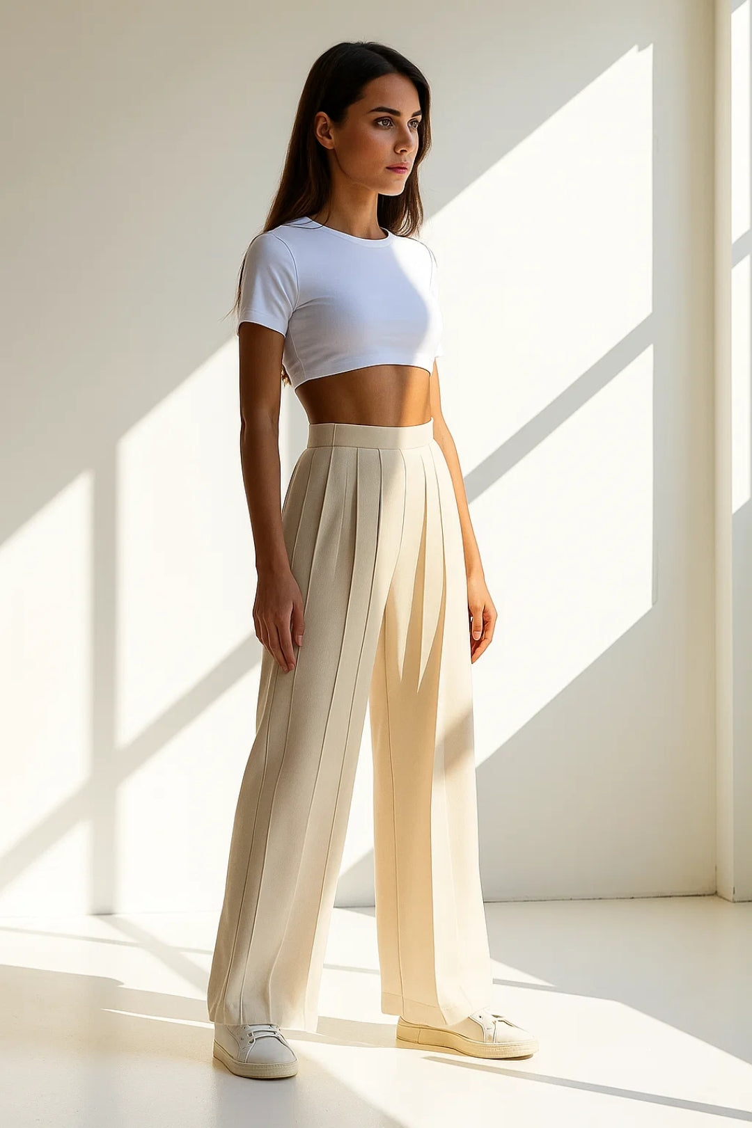 Valeria – Pantaloni Palazzo a Pieghe Verticali Vita Alta Donna