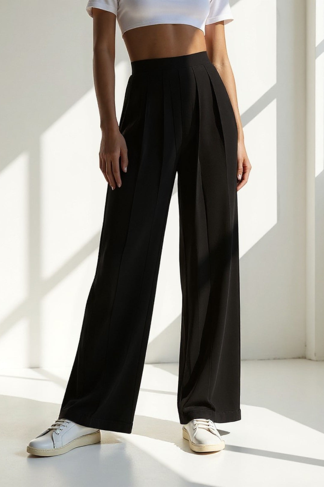 Valeria – Pantaloni Palazzo a Pieghe Verticali Vita Alta Donna