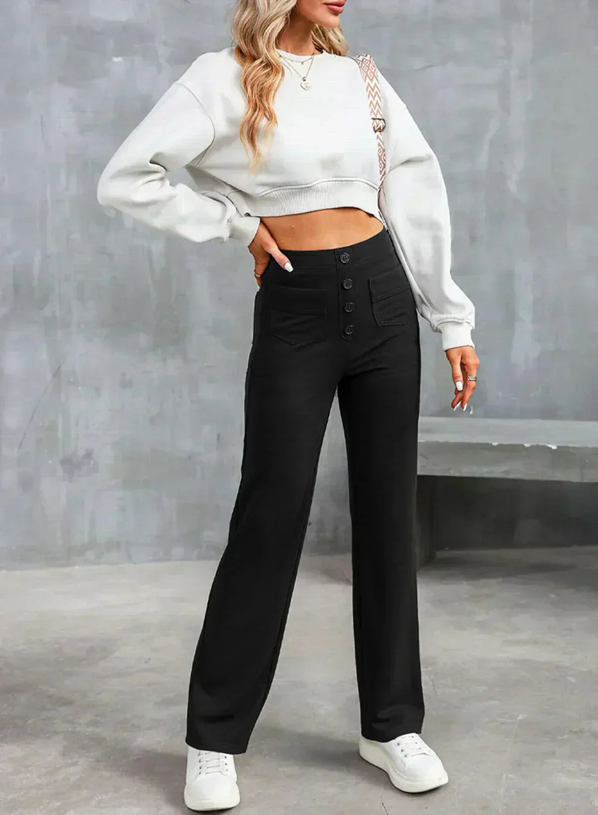 Pia – Pantaloni Vita Alta con Bottoni Donna Nero
